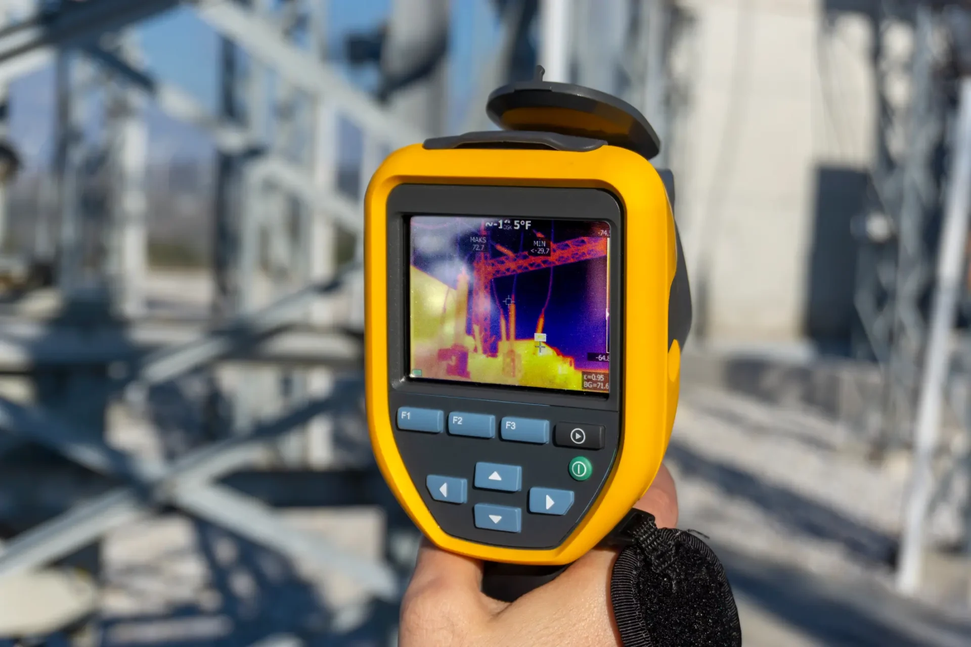 Thermal camera showing heat signatures on an industrial site.