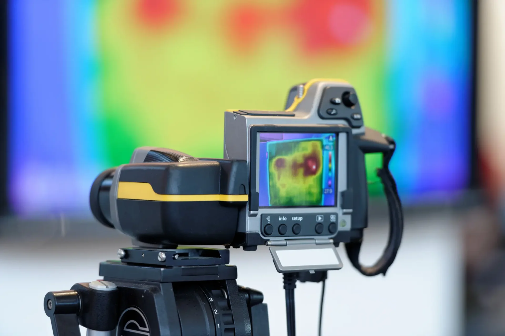 Thermal imaging camera capturing heat patterns against a colorful background.