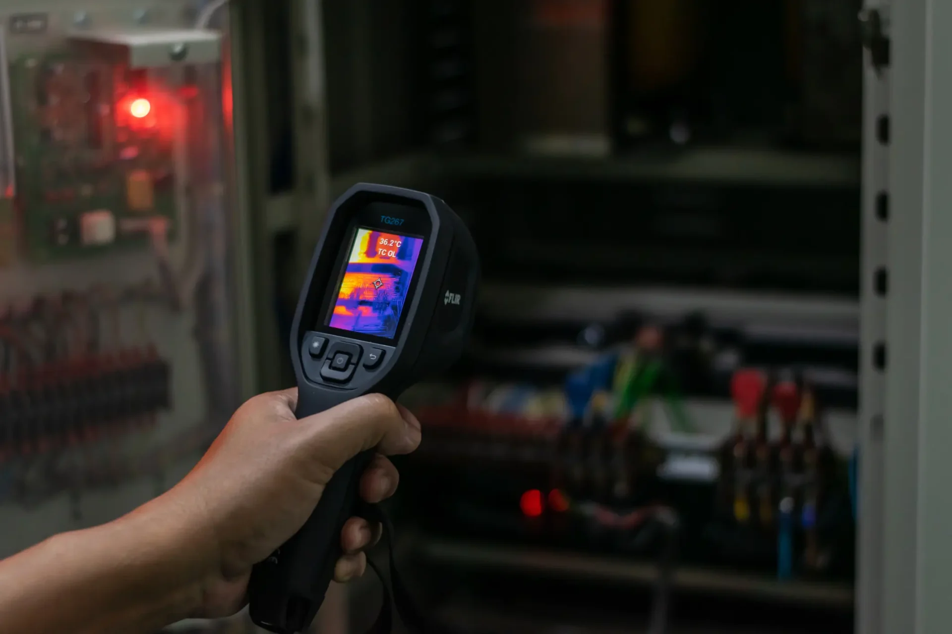 Hand holding a thermal imaging camera showing heat signatures.