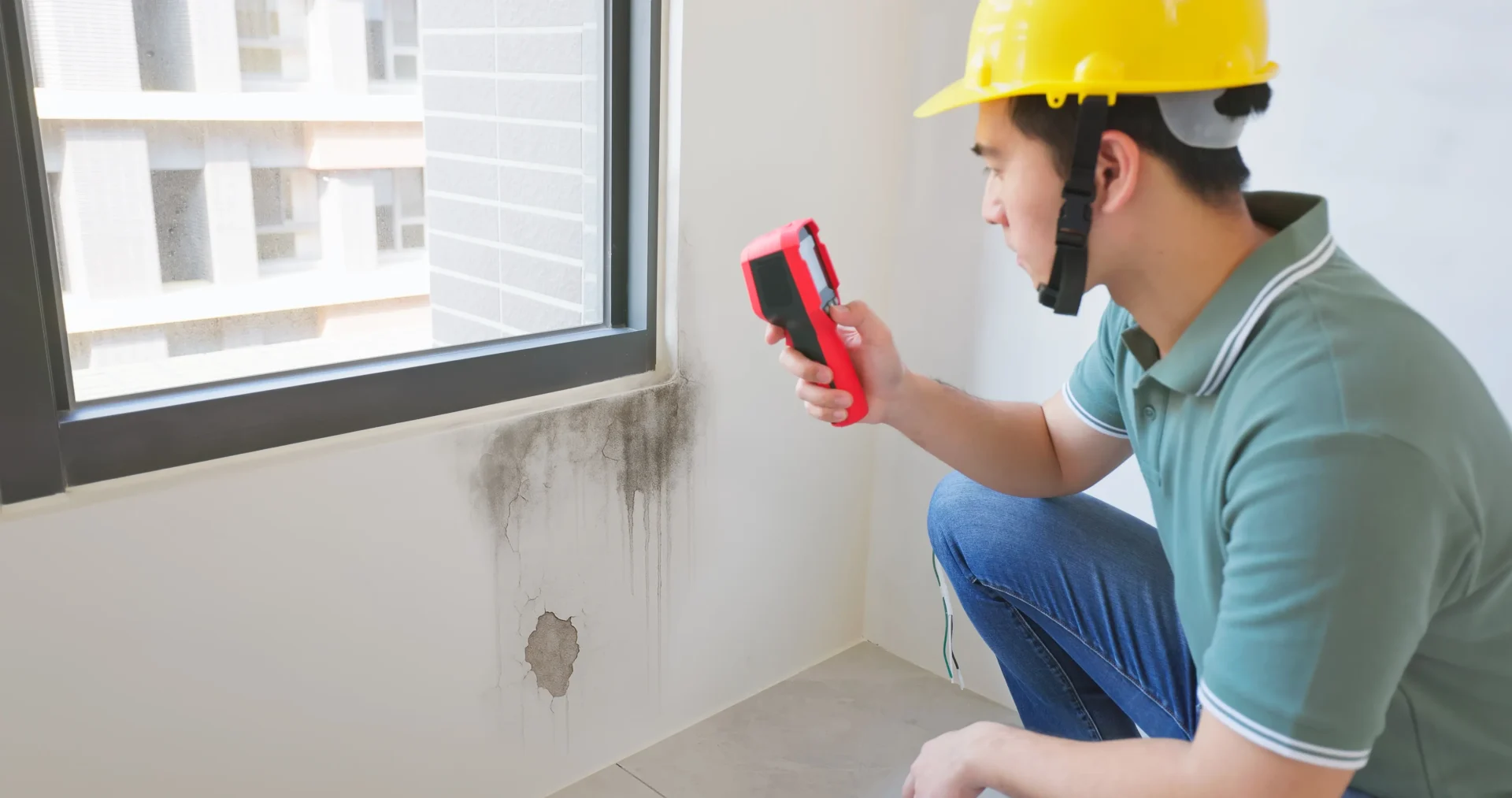Man inspecting mold damage on a wall with a moisture meter.