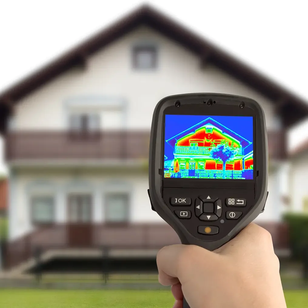 Thermal imaging camera shows heat loss on a residential house.