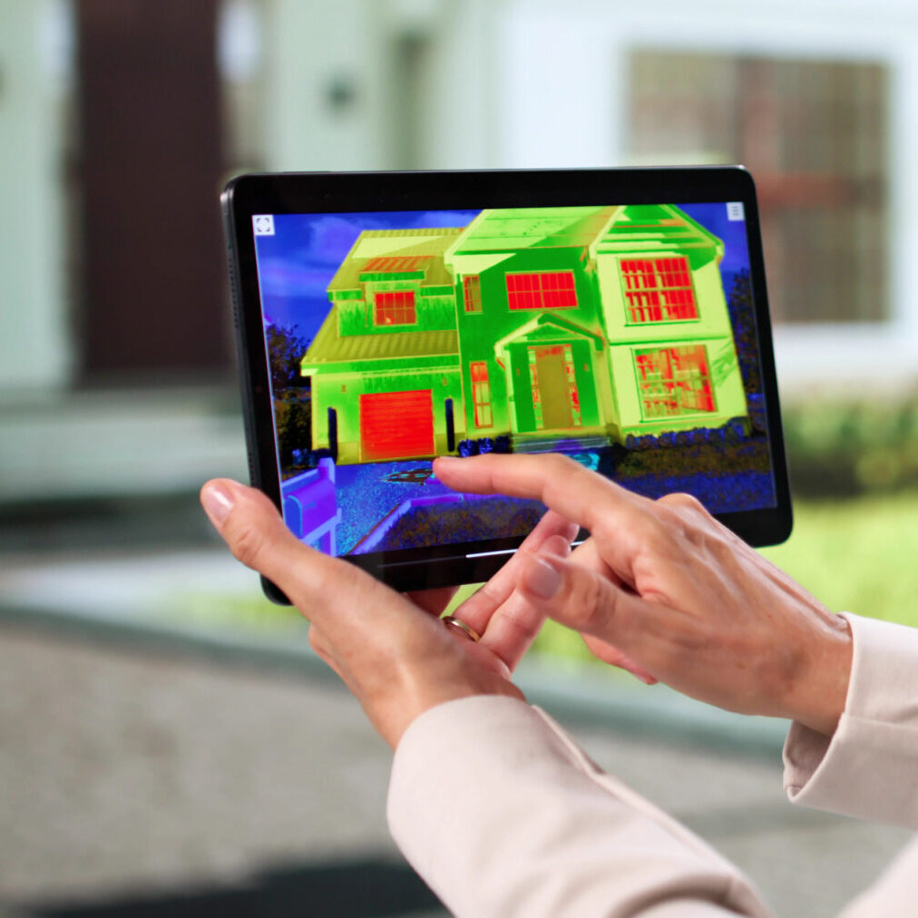 Person using tablet to view a house with thermal imaging.