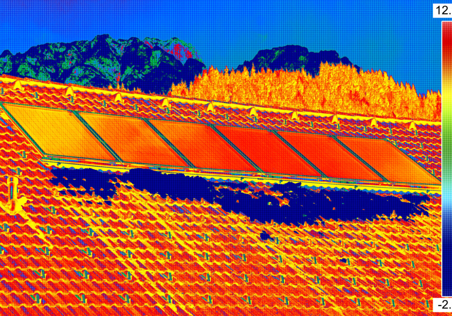 Thermovision image of Photovoltaic Solar Panels on the roof House