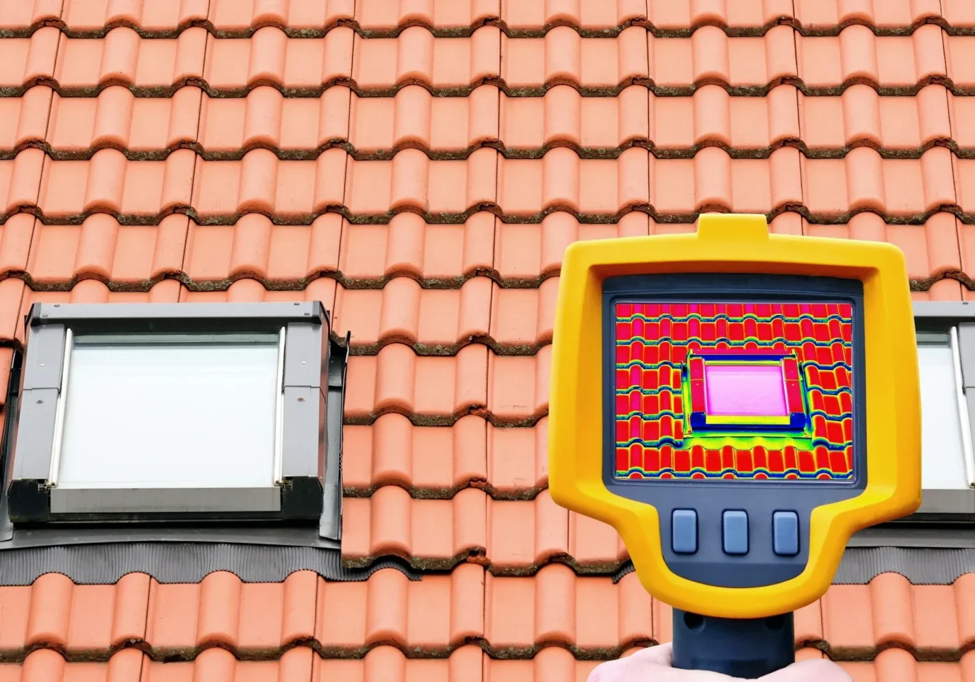 Thermal camera scanning roof tiles for heat detection.